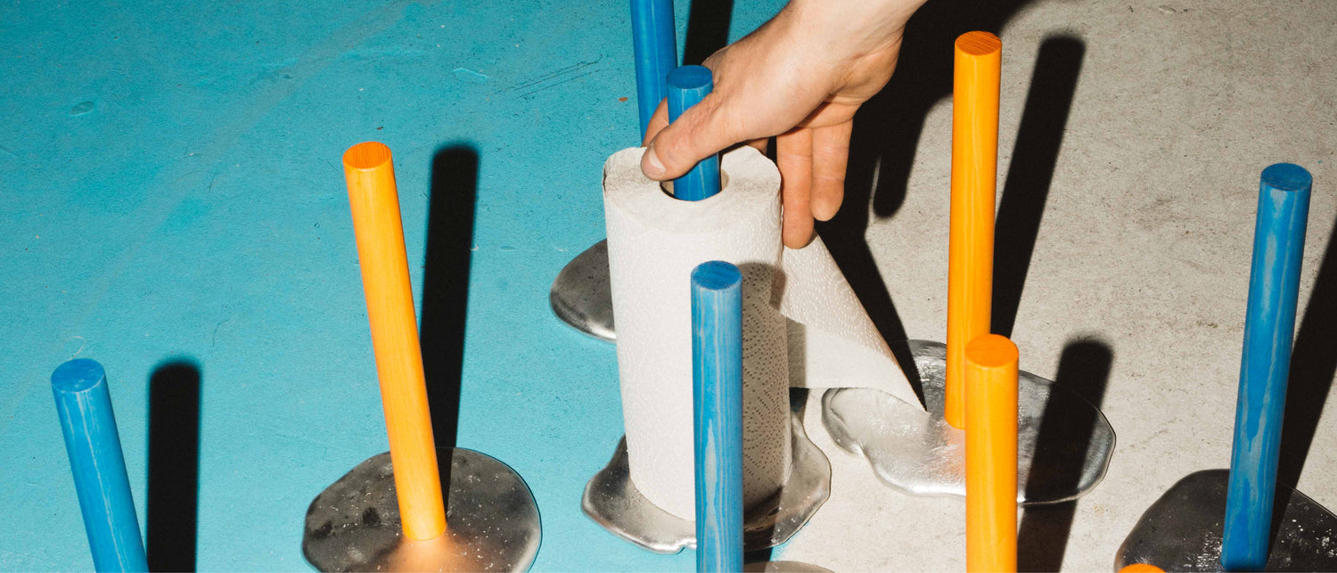 An editorial image from behind the scenes of making Spill Kitchen Roll Holder, a Hem X limited edition piece.