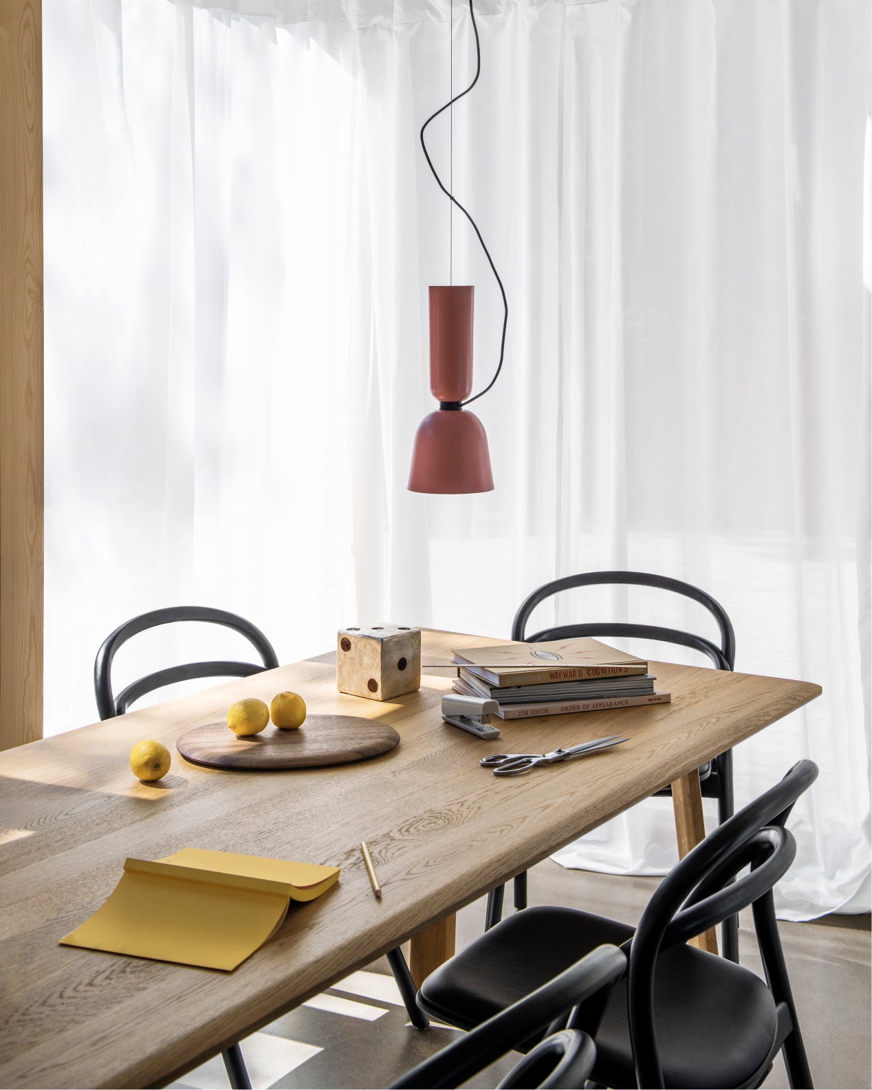 Hem - A dining scene featuring Alphabeta Pendant Light, Alle Table, and Udon Upholstered Chairs.