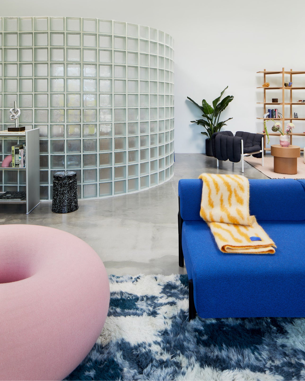 Hem - A view inside our LA Showroom featuring Boa Pouf, Monster Rug, Monster Throw, Palo Sofa and more.