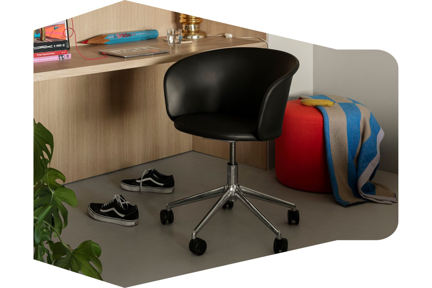 Hem - An office/study space featuring Kendo Swivel Chair, Bon Pouf Round, and Stripe Throw.