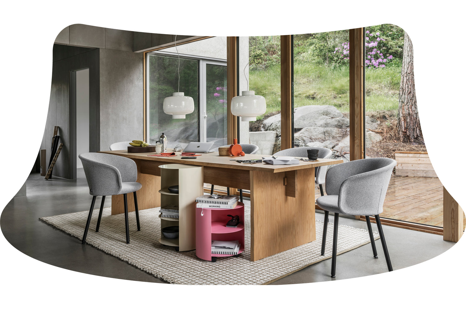 A dining scene by Hem featuring Bookmatch Table Oak, Kendo Chair Porcelain, Dusk Lamp Large Ivory, Hide Side Table Pink, Hide Pedestal Ivory, and Rope Rug Seaweed.