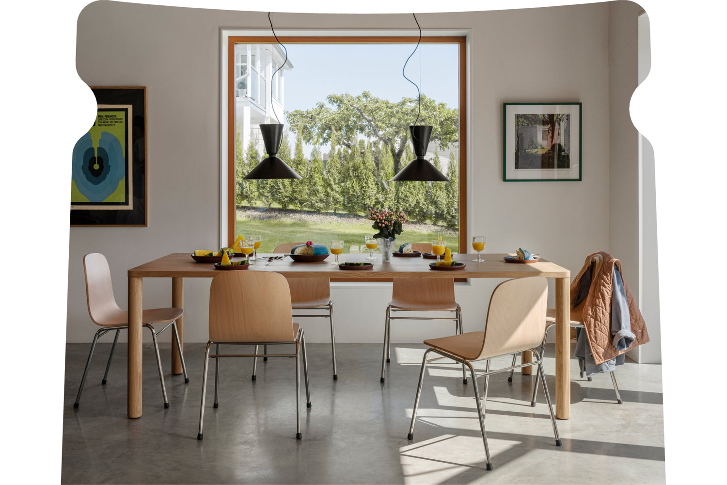 Hem - dining room scene featuring Log Table, Touchwood Chairs, and Alphabeta Pendant Lights.