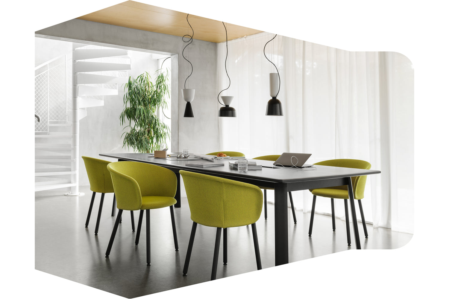 Hem - a dining scene featuring Kendo Chair, Alphabeta Pendant Light Trio, and Alle Table in Black.