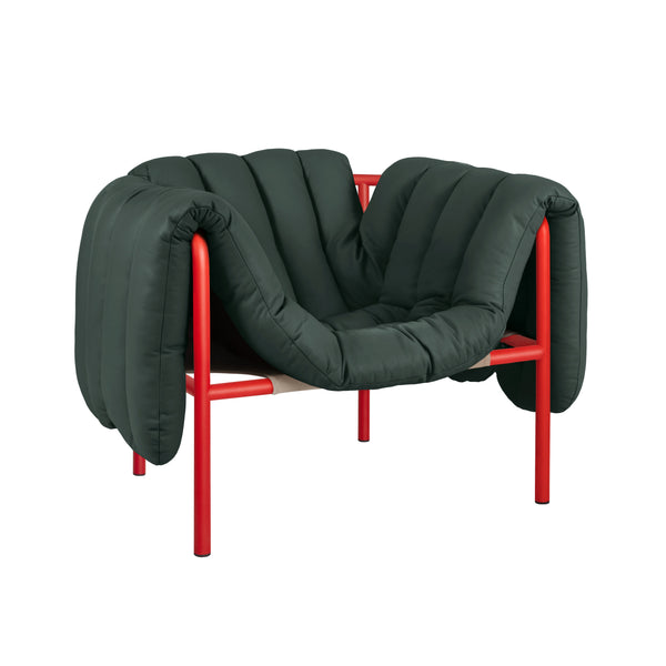 Puffy Lounge Chair Dark Green Leather / Traffic Red