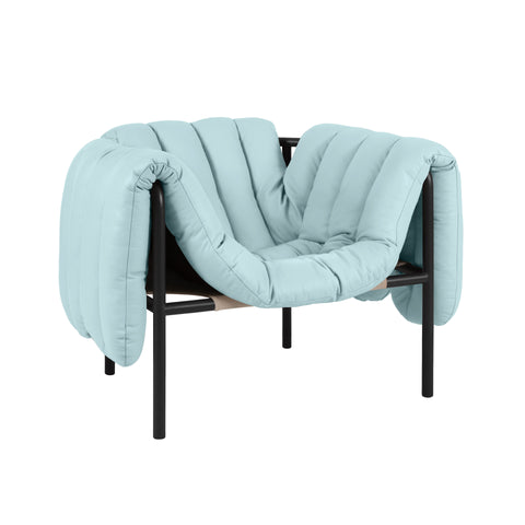 Puffy Lounge Chair Light Blue Leather / Black Grey