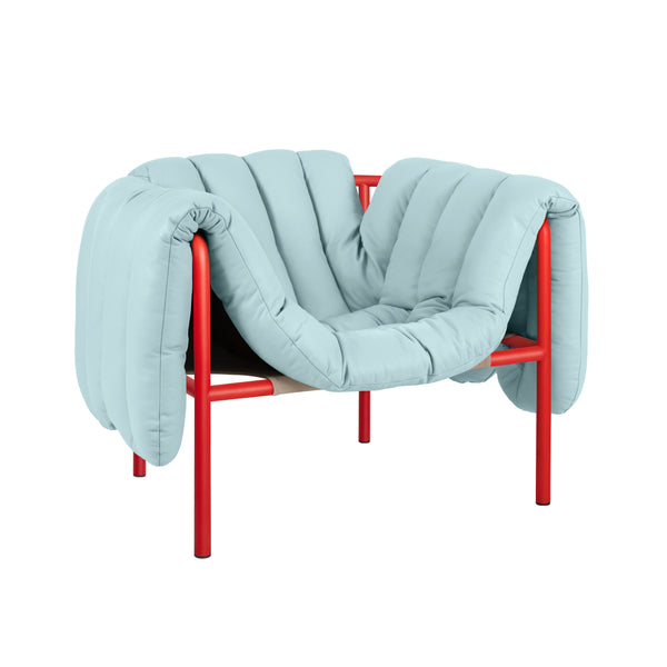 Puffy Lounge Chair Light Blue Leather / Traffic Red